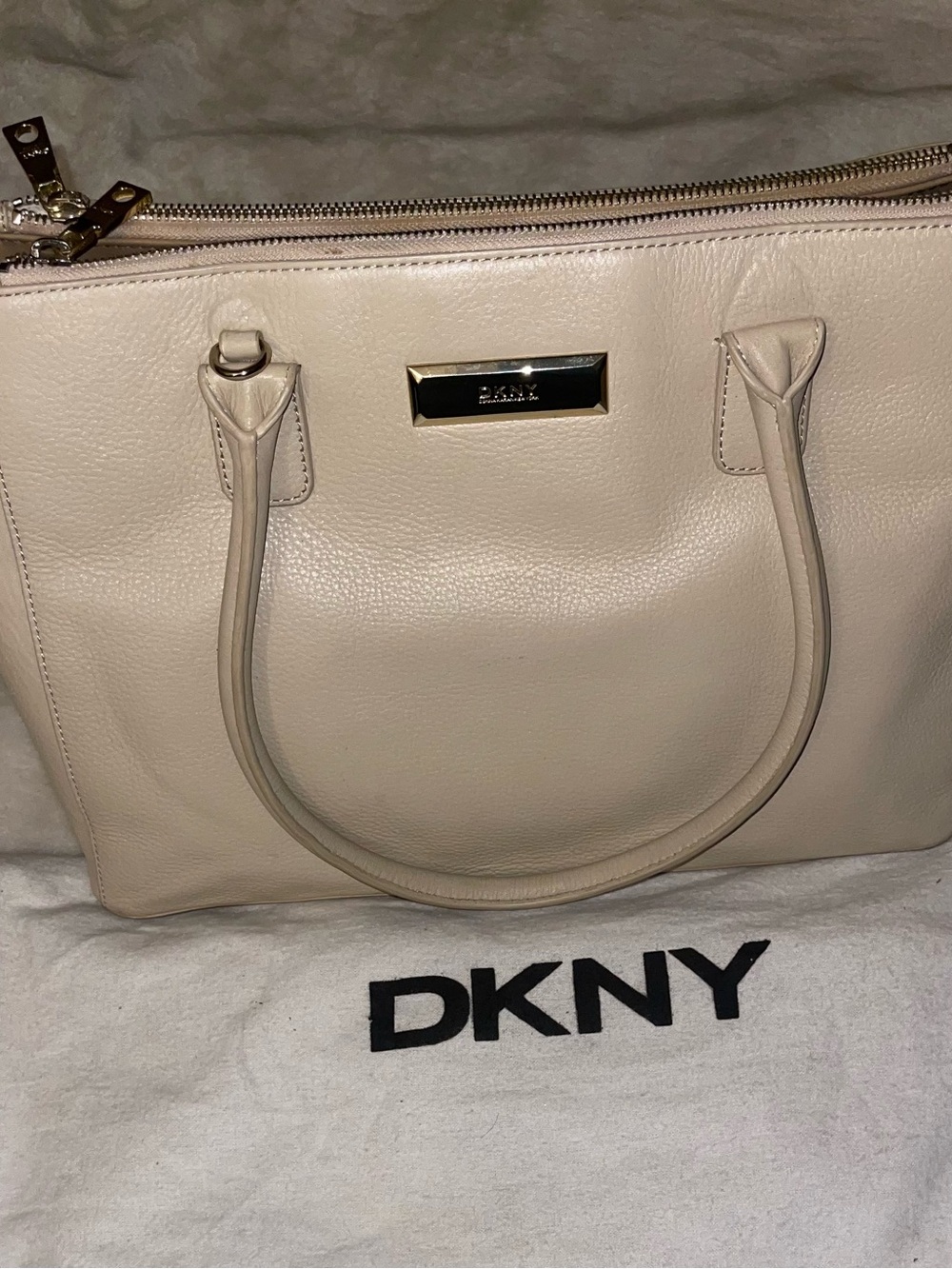 DKNY Cream Pebbled Leather Tote with Gold Hardware